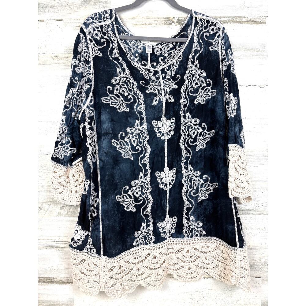 Cato Womens XL Blue Tie Dye Crochet Lace Boho Embroidered Scoop Neck Tunic Top